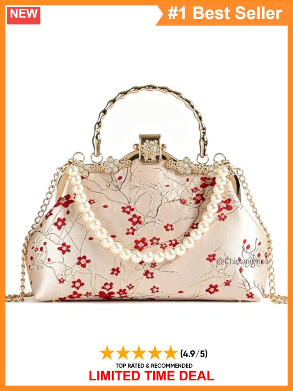 Embroidered Floral Clutch Pearl Handle Evening Bag Chain Crossbody Purse